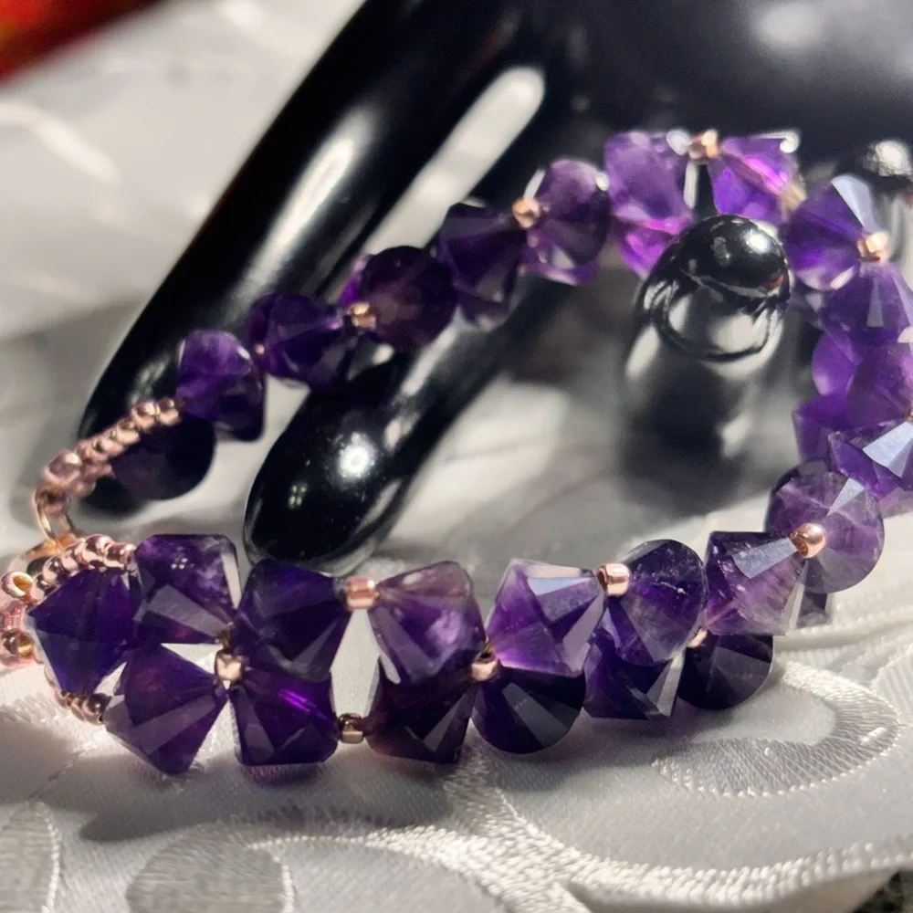 Handmade Amethyst Gemstone Bracelet rose gold tone lobster claw clasp 7.5 inches - Picture 5 of 9